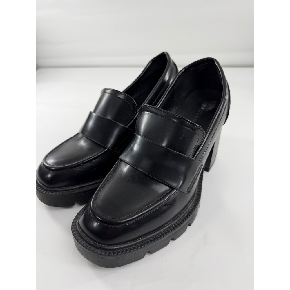 Madden Girl Womens Black Platform Penny Loafers Lug Sole Block Heel Size 8.5